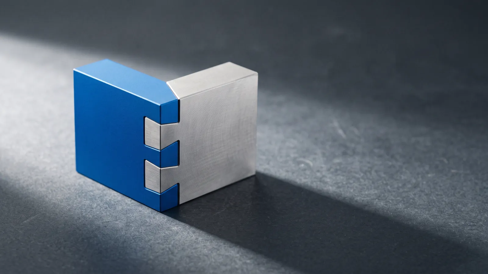 Two machined blocks joined by a dovetail joint, one of them blue.