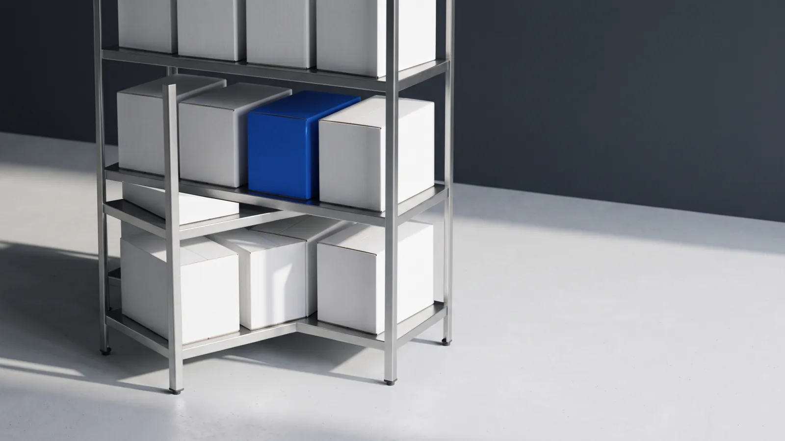 A steel shelving unit of identical plain boxes, one box blue.