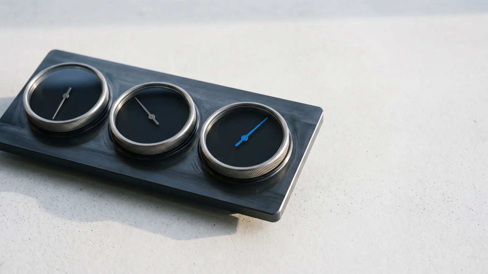 Three analog gauges set into a steel plate, one with a blue needle.