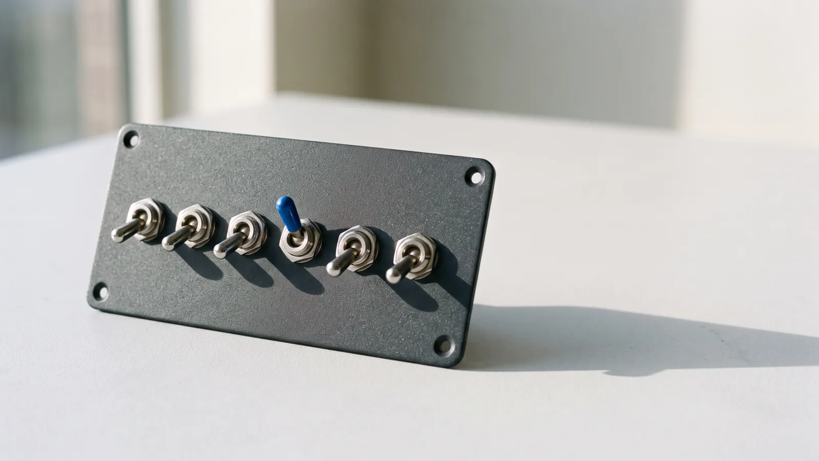 A row of toggle switches on a graphite panel, one switched up with a blue tip.