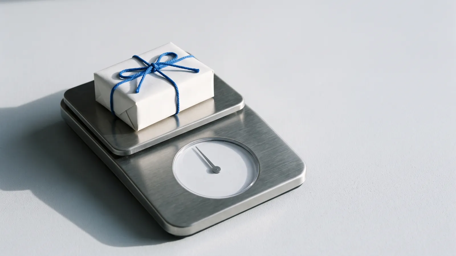 A white-wrapped parcel tied with blue string on a steel scale.